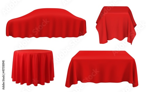 Car under red silk, vector tablecloths on square, round and rectangular tables. Award ceremony, new auto presentation in dealership, pedestal with scarlet realistic cloth on white background 3d set