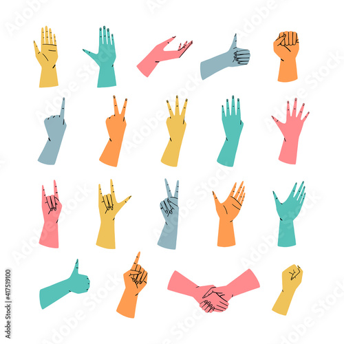 Set of various hand gestures isolated on white background. Hand drawn flat hands icons vector illustration.