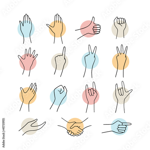 Set of various hand gestures silhouettes isolated on white background. Hand drawn  hands icons vector illustration.