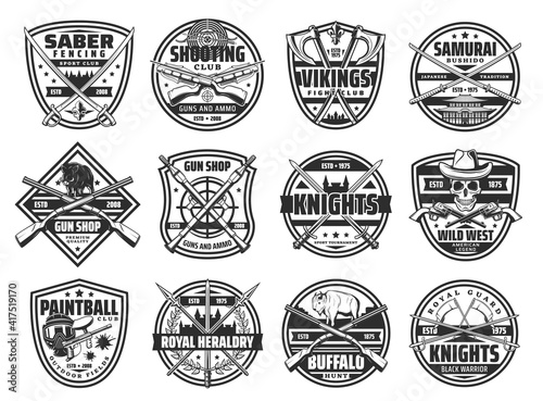 Weapon vector badges with heraldic icons of medieval knight sword and saber, hunting rifle, shotgun and crossbow. Ancient samurai katanas, viking battle axes, Wild West revolvers and paintball guns