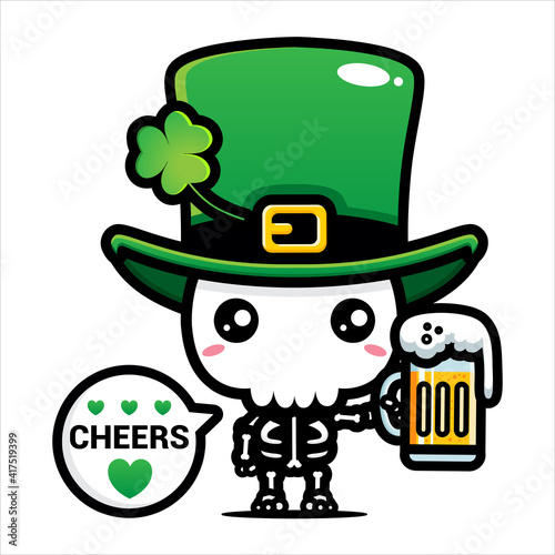 cute cartoon skull vector design wearing st patrick costume and holding a beer on patrick's day