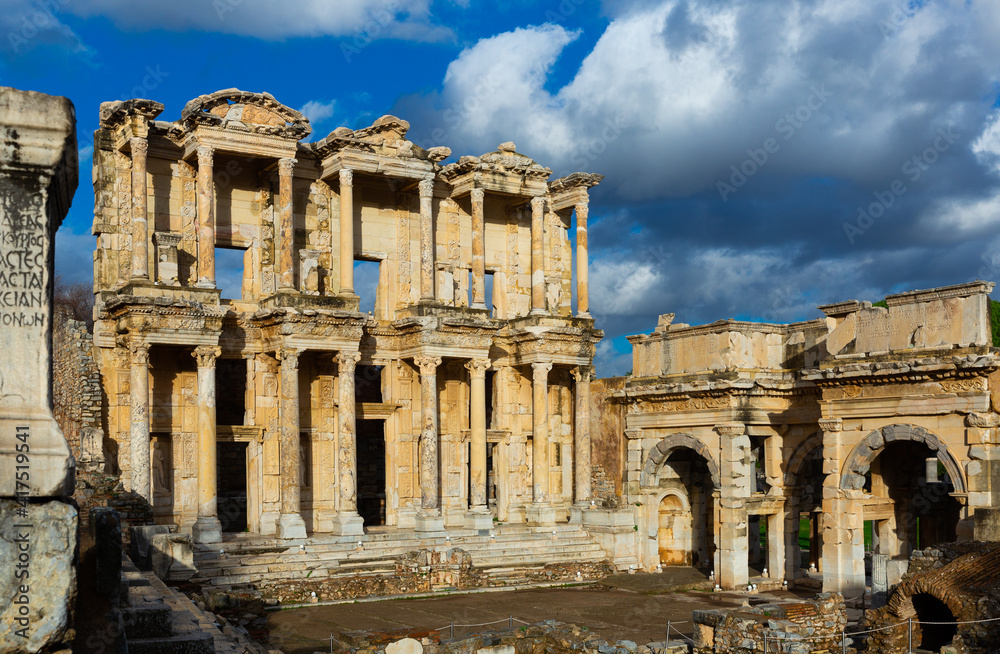 View of the decorative facade of the Library of Celsus and the Gate of Augustus in Ephesus...