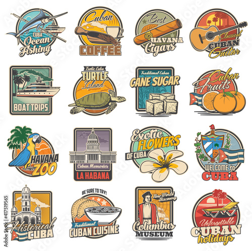 Cuba and havana travel, tourist attractions and food retro icons set. Ocean fishing, coffee and havana cigars, classical guitar, boat trips and turtle island tours, zoo, Columbus museum and food badge