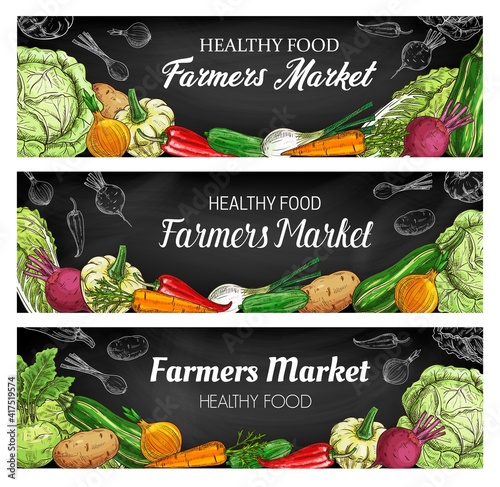 Fresh vegetable food vector sketches, chalkboard banners with farm and garden veggies. Hand drawn carrot, chilli pepper, green and napa cabbage, onion, zucchini, potato and beet, cucumber and squash