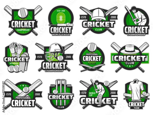 Cricket sport ball, bat and team player vector icons. Cricket field game isolated badges of wickets, batsman gloves, helmets and leg pads, hat, jersey and cap, championship match design