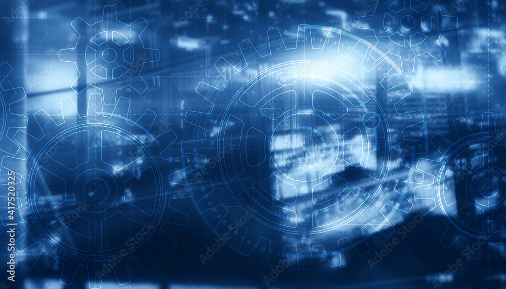 Gears on modern architecture background. Business processes concept Gears on modern architecture background. Business processes concept