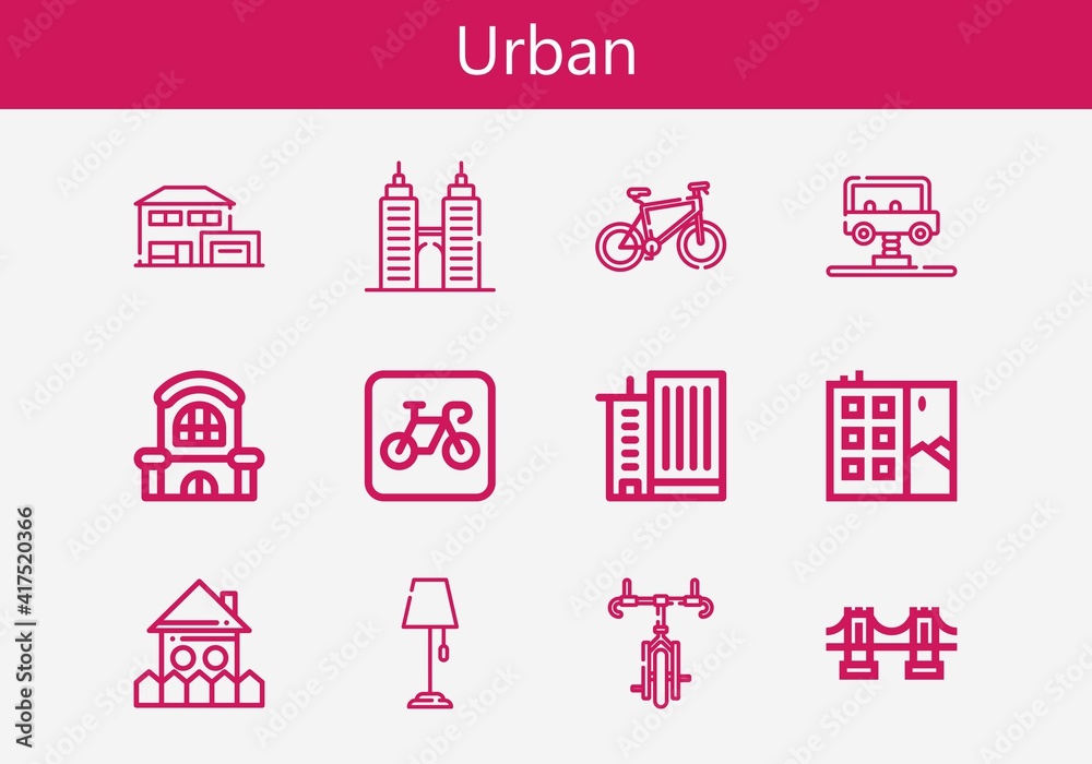 Premium set of urban line icons. Simple urban icon pack. Stroke vector illustration on a white background. Modern outline style icons collection of Building, Mall, Office building