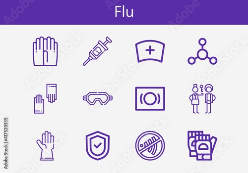 Premium set of flu line icons. Simple flu icon pack. Stroke vector illustration on a white background. Modern outline style icons collection of Gloves, Shield, Syringe, Bacterias photo