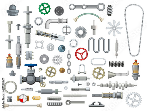 Ships and boats mechanisms spare parts cartoon vector. Metal gears, steel springs and gaskets, pipe, hose and bearing, motor chain, camshaft and piston pin, pressure gauge, emergency and gate valve