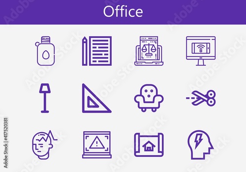 Premium set of office line icons. Simple office icon pack. Stroke vector illustration on a white background. Modern outline style icons collection of Set square, Canteen © Nadir