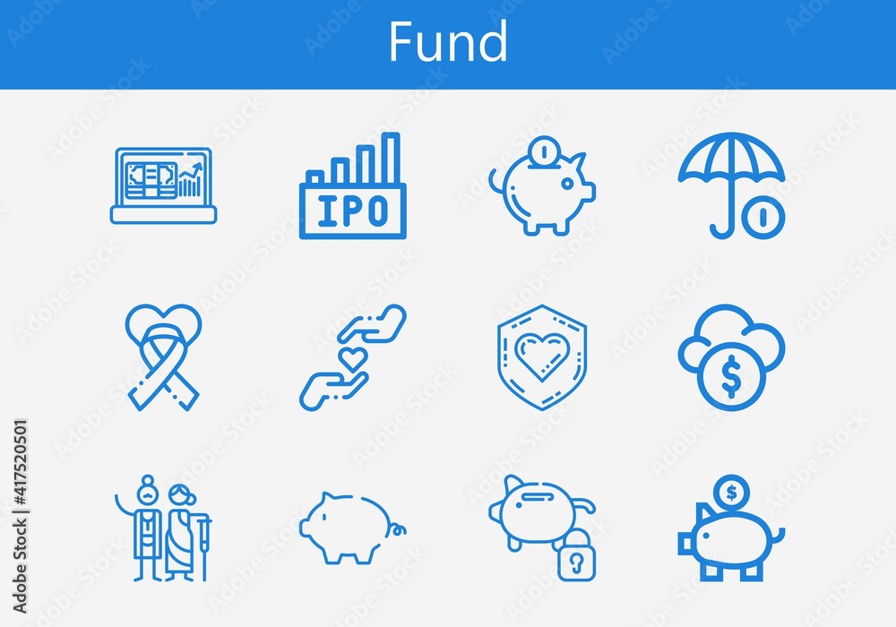 Premium set of fund line icons. Simple fund icon pack. Stroke vector illustration on a white background. Modern outline style icons collection of Piggy bank, Ipo, Profit Premium set of fund line icons. Simple fund icon pack. Stroke vector illustration on a white background. Modern outline style icons collection of Piggy bank, Ipo, Profit