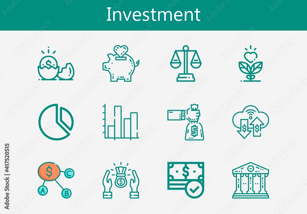 Premium set of investment line icons. Simple investment icon pack. Stroke vector illustration on a white background. Modern outline style icons collection of Money Premium set of investment line icons. Simple investment icon pack. Stroke vector illustration on a white background. Modern outline style icons collection of Money