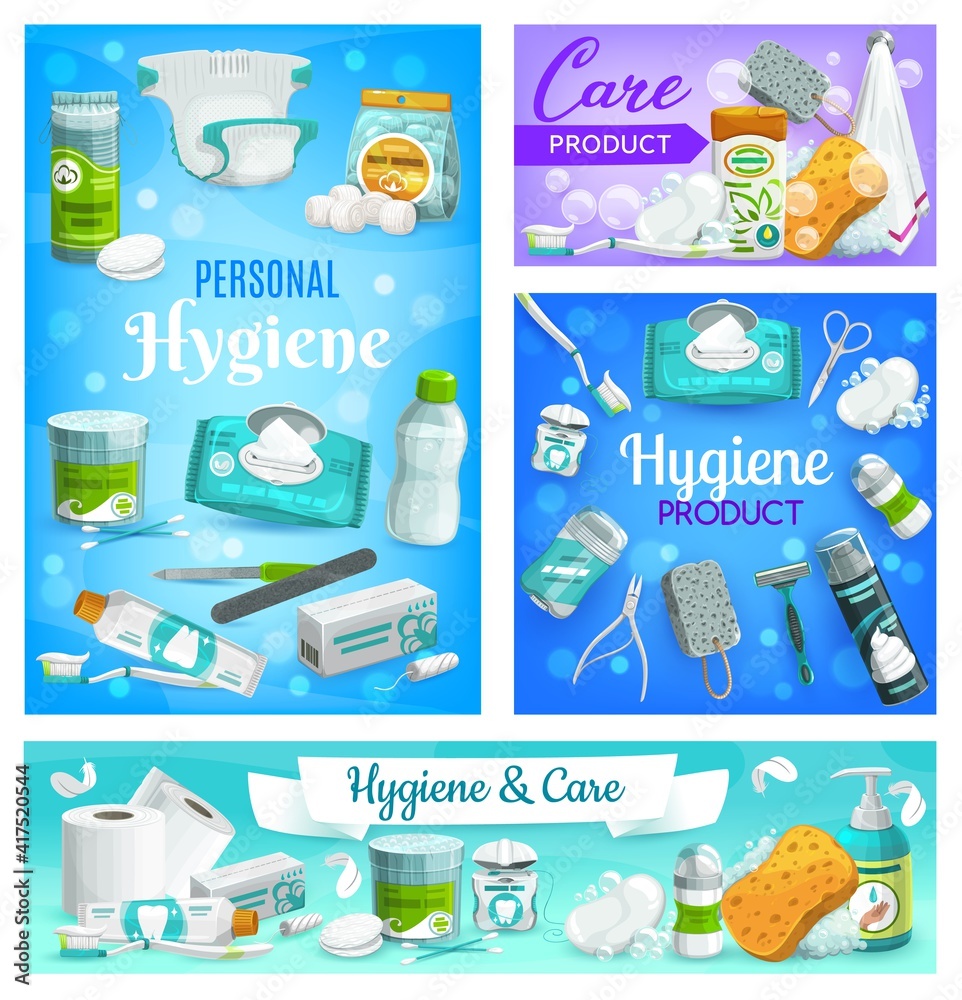 Personal care, hygiene and body health, bathroom items and products,  vector. Personal hygiene soap, cream and toothpaste, bath, shower and toilet  tubes, shampoo, diapers, comb with lotion and toiletry Stock Vector