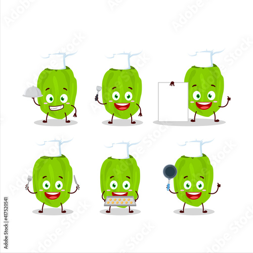 Cartoon character of green habanero with various chef emoticons