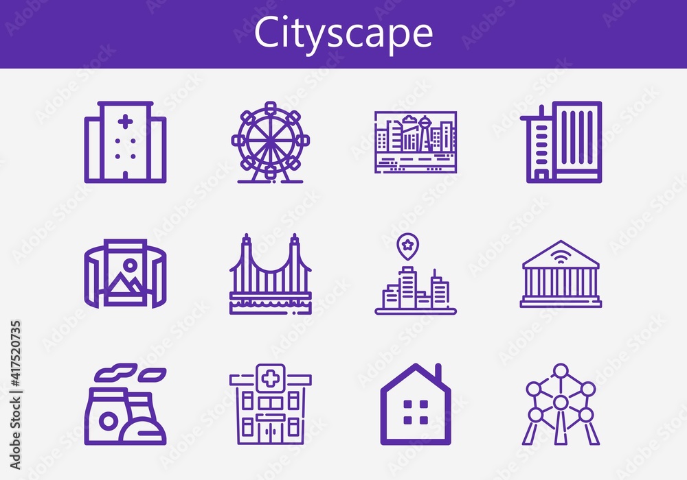 Premium set of cityscape line icons. Simple cityscape icon pack. Stroke vector illustration on a white background. Modern outline style icons collection of Office building