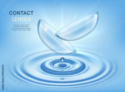 Contact lenses, 3d vector optic eye care accessory, two realistic lens on blue background with water circles and solution drop close up . Ophthalmology equipment, vision product medical poster design