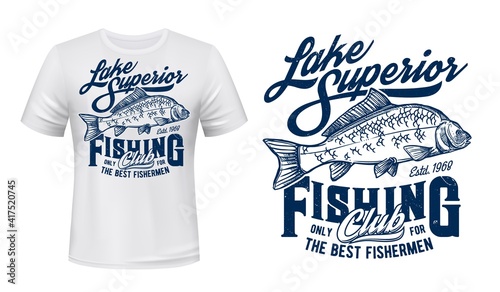 Fishing club t-shirt vector print mockup. Mirror carp, angling catch engraved illustration and retro typography. Fisher or angler apparel print design template with river or lake freshwater fish
