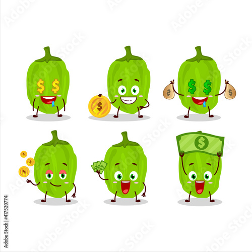 Green habanero cartoon character with cute emoticon bring money