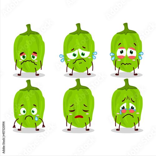Green habanero cartoon character with sad expression