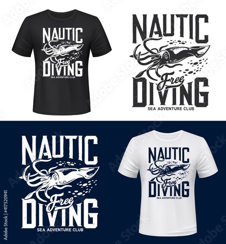 Crab t-shirt print mockup, sea and ocean diving club sport. Scuba divers nautical sport and marine adventure, sea and ocean waves underwater diving, squid mascot for t shirt print