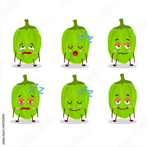 Cartoon character of green habanero with sleepy expression