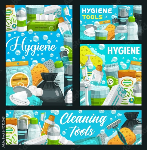 Hygiene and personal care items, bathroom supplies, toothpaste and soap, vector. Hygiene supplies and personal care toiletries, toothbrush and cotton pads, towel wipes, face and body wash bottles kit