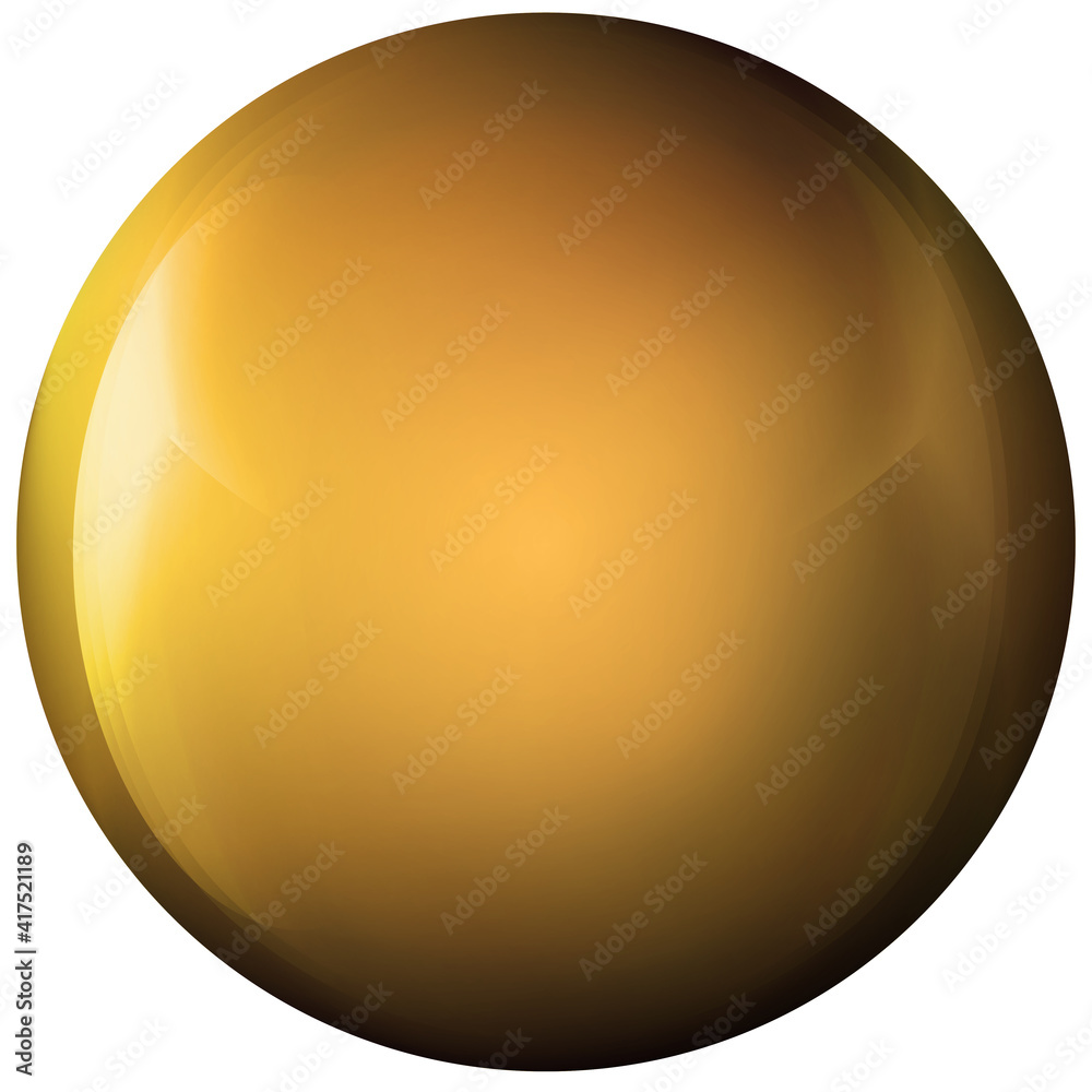 Glass golden ball or precious pearl. Glossy realistic ball, 3D abstract vector illustration highlighted on a white background. Big metal bubble with shadow