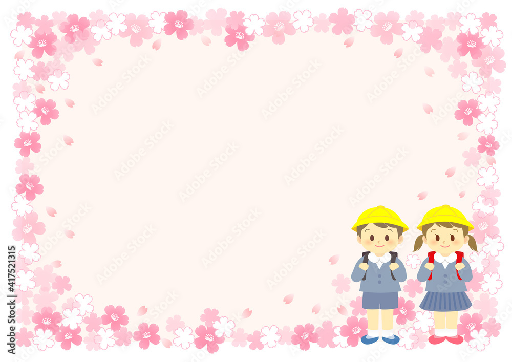イラスト素材 桜 新入学や卒業のランドセルを背負う小学生男児と女児 飾り枠 ピンク Stock Vector Adobe Stock