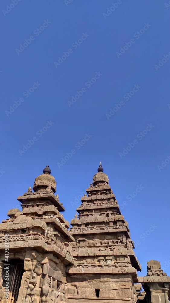 Famous Tamil Nadu landmark Seashore Temple at Mahabalipuram,Tamil Nadu,India.The town located in Kanchipuram district of Tamil Nadu has the status of UNESCO World heritage site and attracts number of 