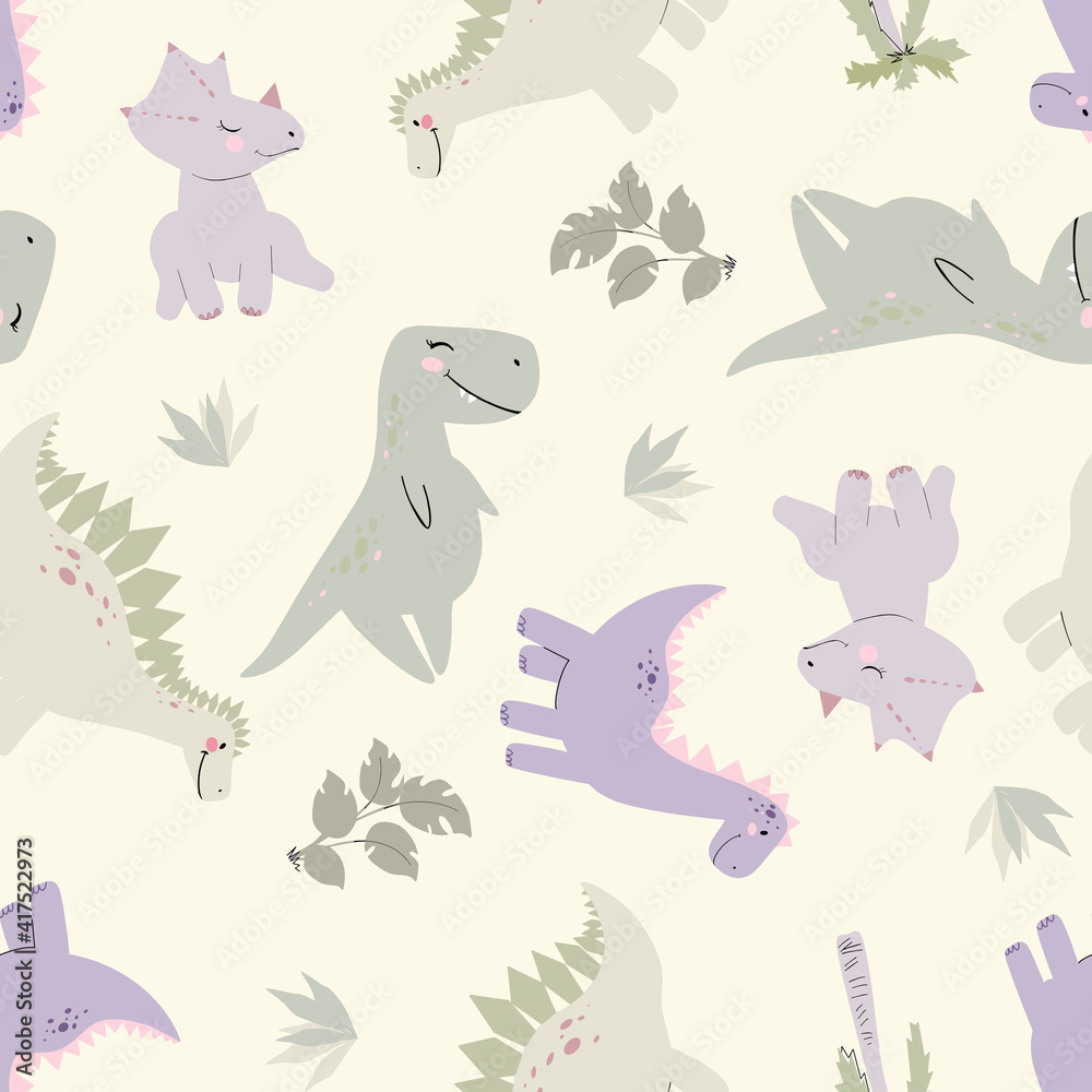 Fototapeta premium Children's illustration with dinosaurs. Seamless background with stylized dinosaurs. Cute dinosaurs patterns for different types of printing