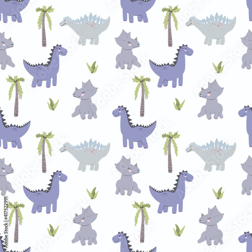Children's illustration with dinosaurs. Seamless background with stylized dinosaurs. Cute dinosaurs patterns for different types of printing © Ekaterina
