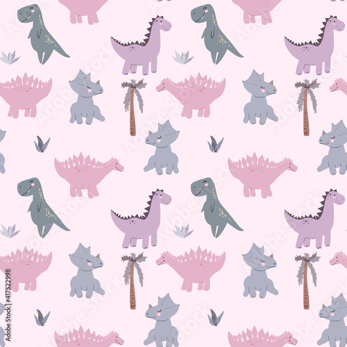  Children's illustration with dinosaurs. Seamless background with stylized dinosaurs. Cute dinosaurs for baby textiles, print