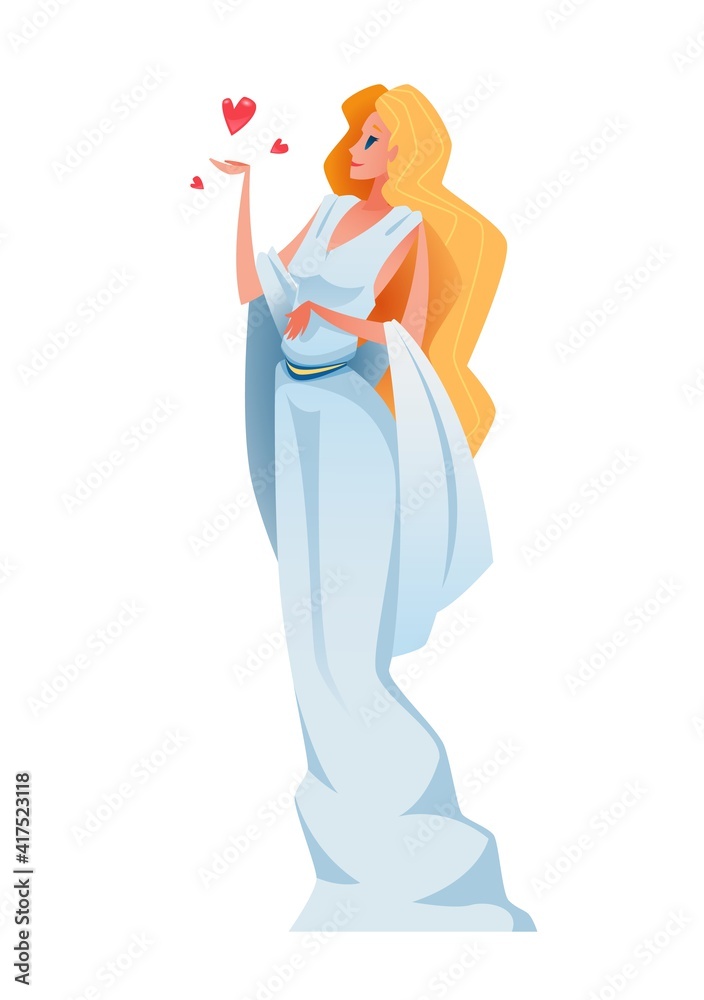 Aphrodite. Ancient greek goddess with hearts over her hand. The mythological deity of Olympia. Vector illustration. Aphrodite. Ancient greek goddess with hearts over her hand. The mythological deity of Olympia. Vector illustration.