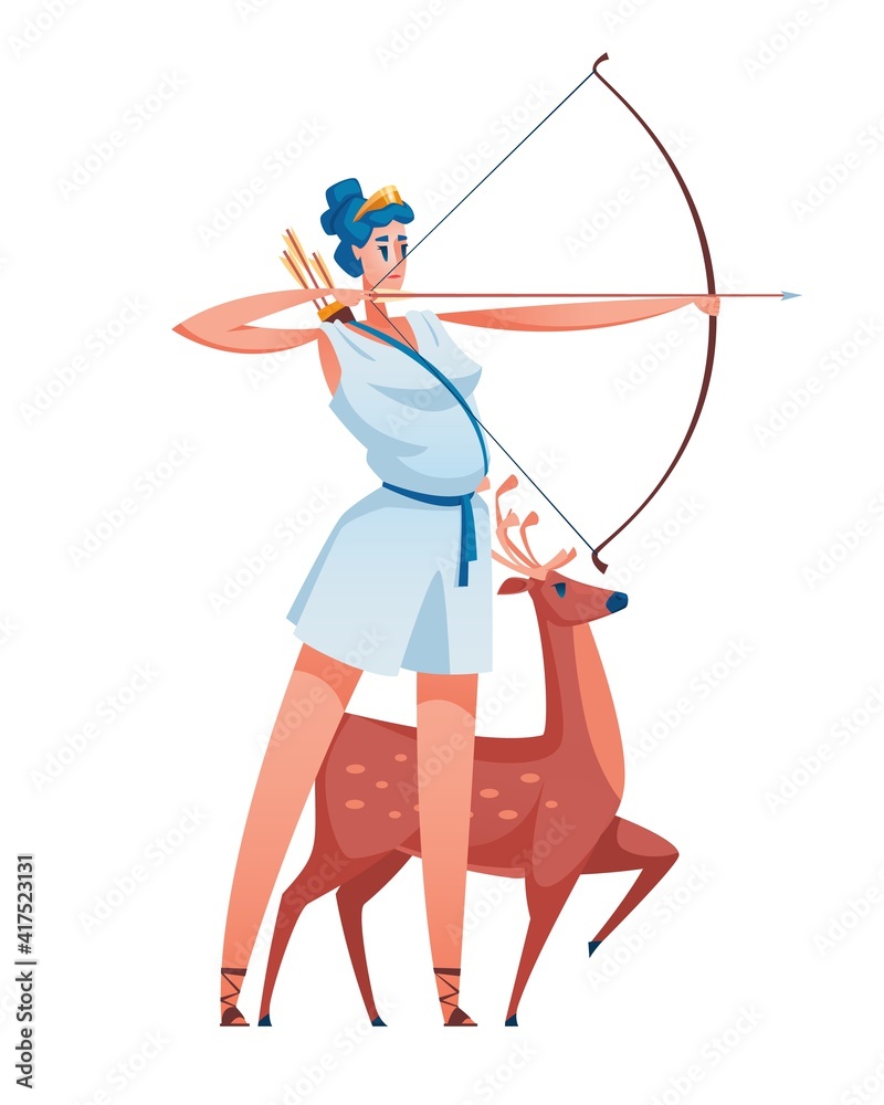 Artemis. Ancient greek goddess with a bow and arrow in her hands. Deer in the background. The mythological deity of Olympia. Vector illustration.