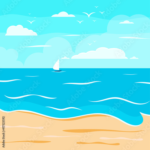 Cartoon summer beach  seaside natural vacation  tropical beach  seaside scenery background vector illustration