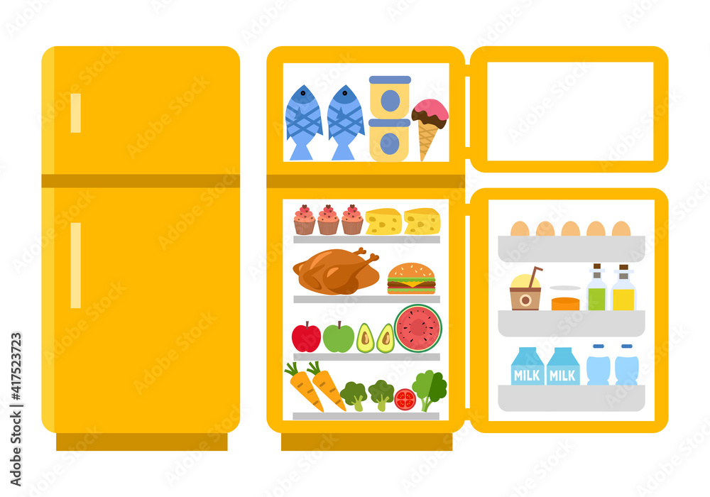 Fridge open and close concept vector illustration on white background. Refrigerator with food inside in flat design.
