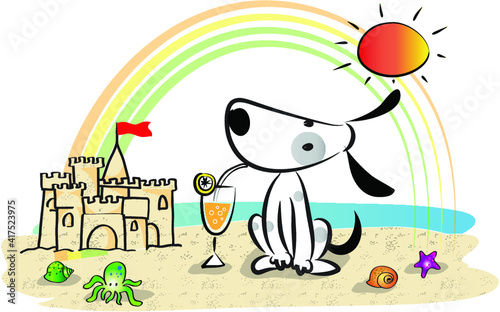 vector cartoon dog with cold drink sun rainbow sand castle summer