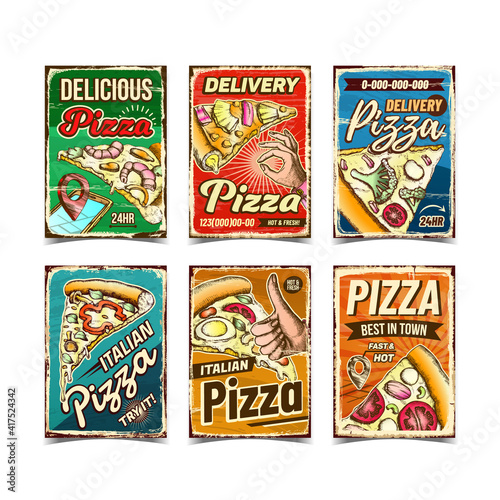 Pizza Restaurant Advertising Posters Set Vector. Pizza Cafe Gps Location And Delivery Service On Promotional Banners. Dish With Delicious Ingredient Template Hand Drawn Concept Illustrations