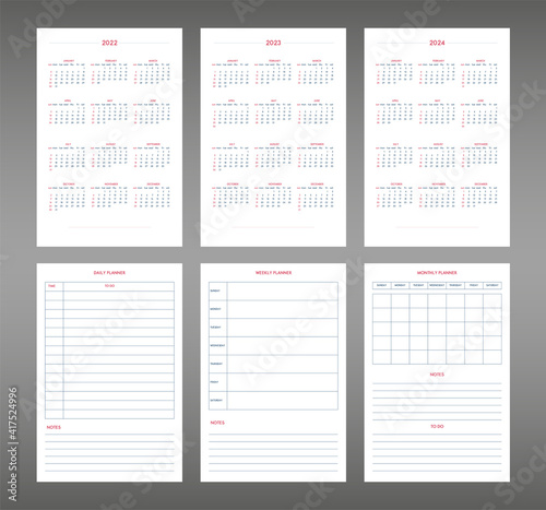 2022 2023 2024 2025 calendar daily weekly monthly personal planner diary template in classic strict style. individual schedule in minimal restrained business design. Week starts on sunday