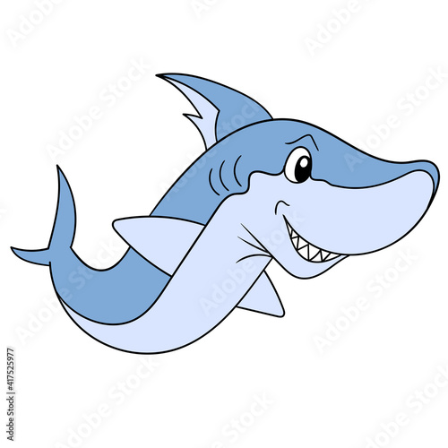 The giant fierce shark was swimming in search of its prey with its smirking face, doodle icon image kawaii
