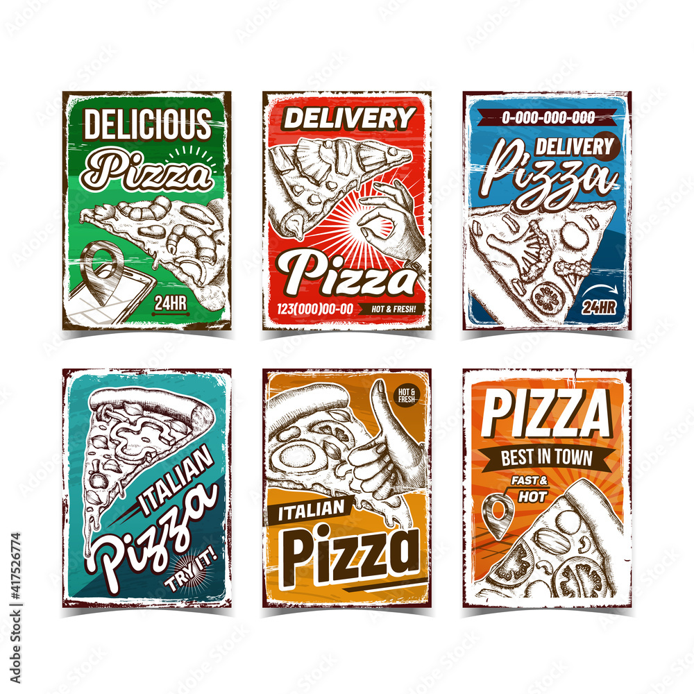 Pizza Restaurant Advertising Posters Set Vector. Pizza Cafe Gps Location And Delivery Service On Promotional Banners. Dish With Delicious Ingredient Template Hand Drawn Illustrations