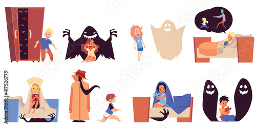 Fear and bad dream set of children afraid of monsters, flat vector illustration.