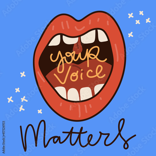 Your voice matters. Hand drawn vector poster against racism. Red letters lettering on white background.