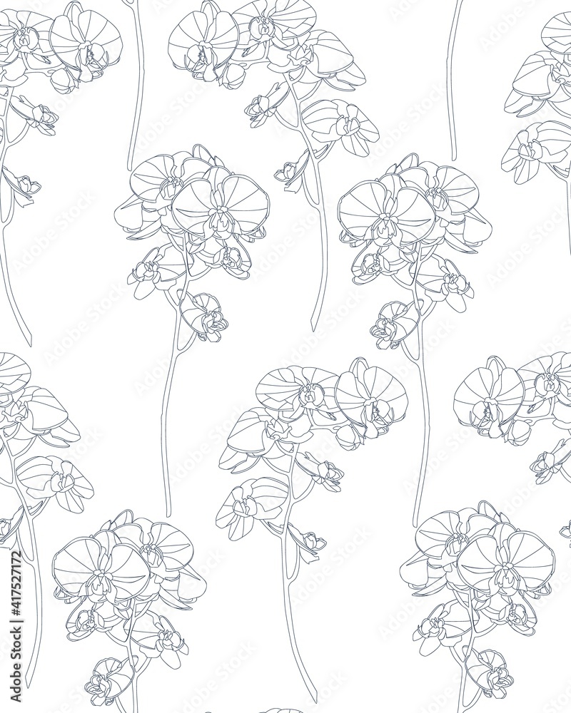 Floral seamless background pattern with orchids flowers and leaves. Botanical illustration  hand drawn. Textile print, fabric swatch, wrapping paper.