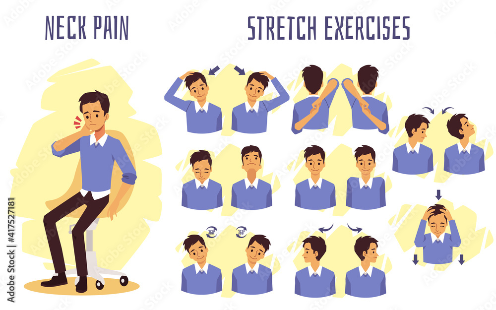 Stretch exercises to relieve neck pain, flat vector illustration isolated.  Stock Vector | Adobe Stock