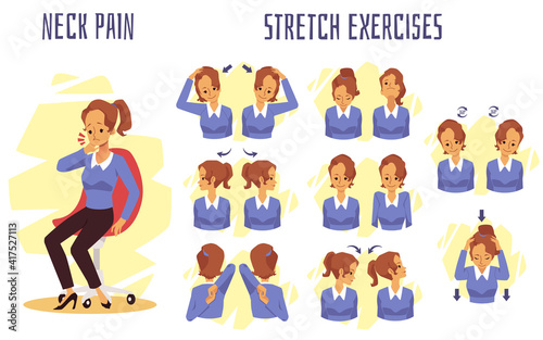 Girl doing exercise neck stretch to get rid of the pain of office syndrome.