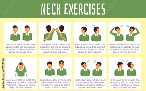 Set of exercises to strengthen spine and neck, flat vector illustration isolated.