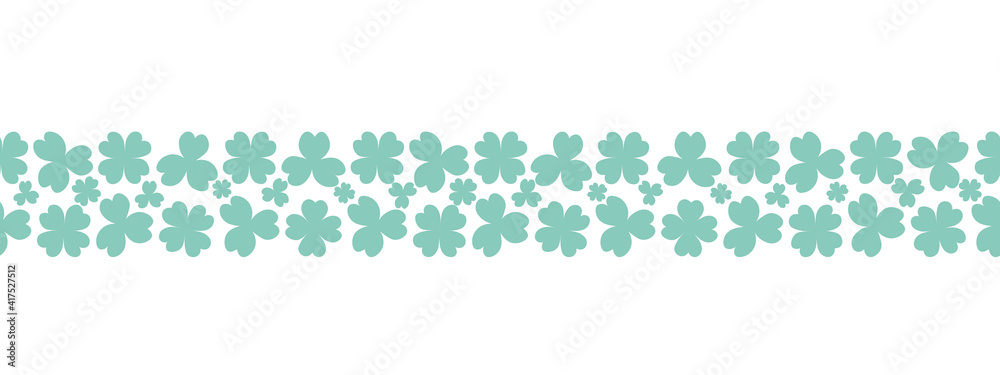 Clover. Green plant. Seamless horizontal border. Trefoil and four-leafed. Repeating vector pattern. Saint Patrick Day. A leaf that brings good luck. Isolated colorless background. Flat style. Clover. Green plant. Seamless horizontal border. Trefoil and four-leafed. Repeating vector pattern. Saint Patrick Day. A leaf that brings good luck. Isolated colorless background. Flat style.