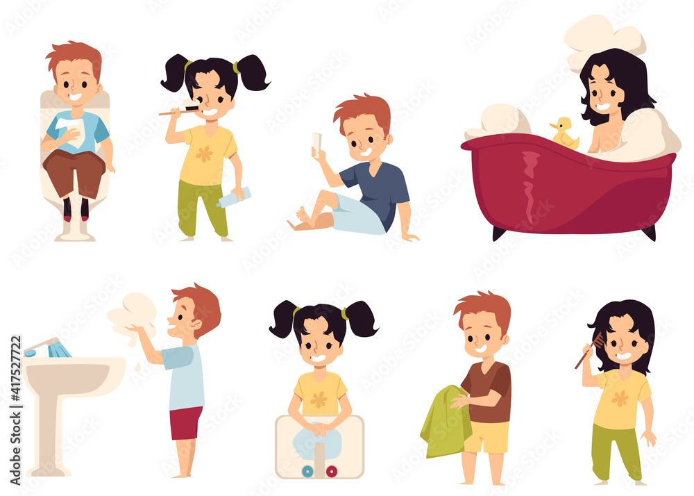 Set of children in bathroom washing and bathing with hygiene items, flat vector illustration isolated on white background. Set of children in bathroom washing and bathing with hygiene items, flat vector illustration isolated on white background.