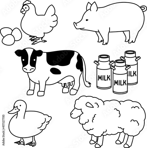 畜産動物のイラスト（モノクロ）